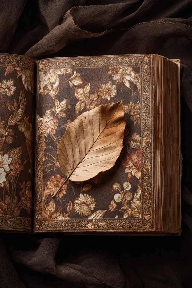 Vintage Book with Floral Design and Dried Leaf