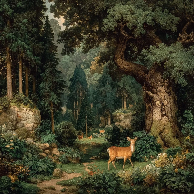 Mystical Forest Oil Painting Baroque Deer Scene