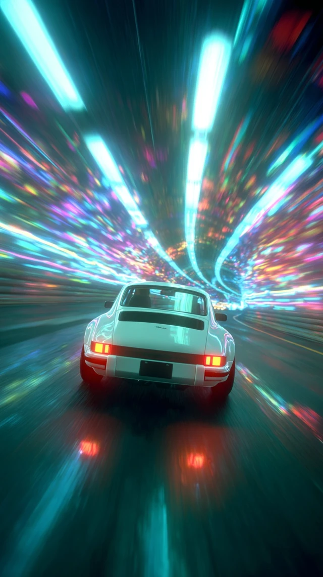 Retro Sports Car in Neon Tunnel Time Travel
