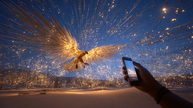 Golden Falcon in Desert Night 3D Rendering