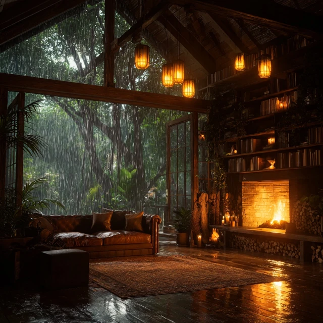 Cozy Cabin Interior Rainy Night Ambient Scene