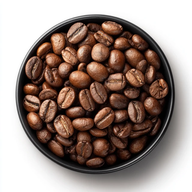 Coffee Beans in Black Bowl Isolated on White