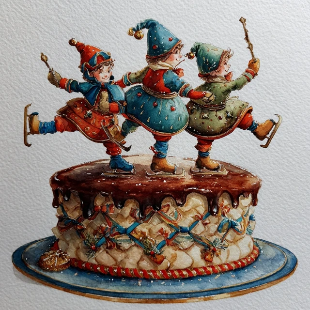 Christmas Gnomes Ice Skating on Cake Watercolor
