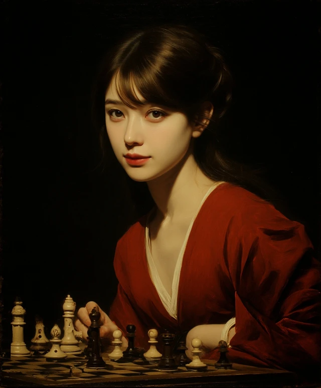 Asian Woman Playing Chess Caravaggisti Painting