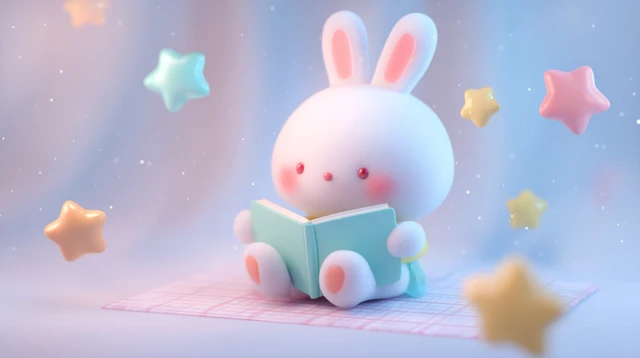 Kawaii 3D Rabbit Reading in Space