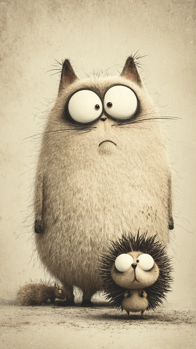 Funny 3D Cat with Hedgehog Playful Caricature