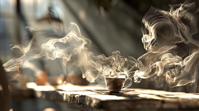 Steaming Coffee Cup on Rustic Table Cozy Atmosphere