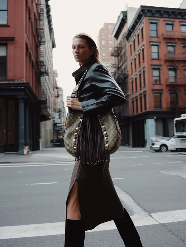 Fashion Photograph Soho NYC Model Leather Jacket Handbag