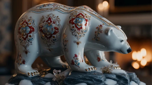 Porcelain Polar Bear Sculpture Fireplace Cabin