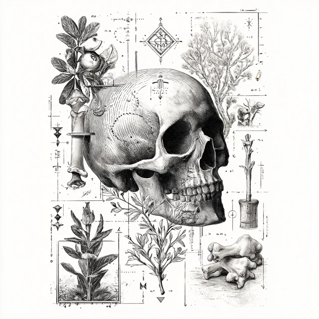Emo Tattoo Design Skull Botanical and Alchemical