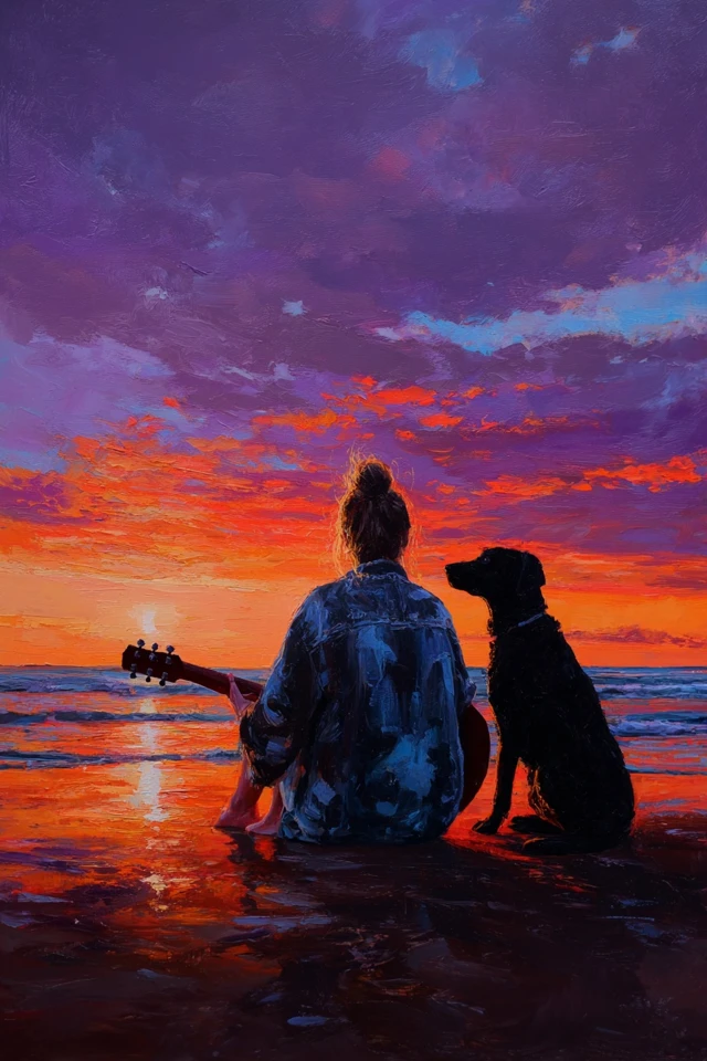 Girl with Guitar and Dog at Sunset Beach Painting