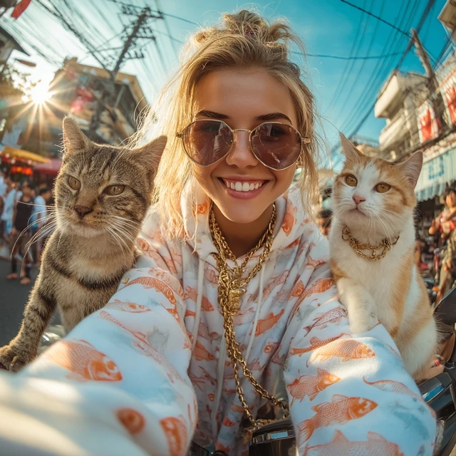 Cats and Woman on a Motorbike Photorealistic Image