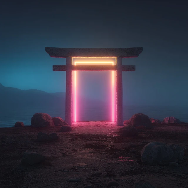 Neon Torii Gate in Foggy Landscape