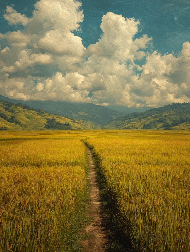 Golden Rice Paddies Path Landscape Art