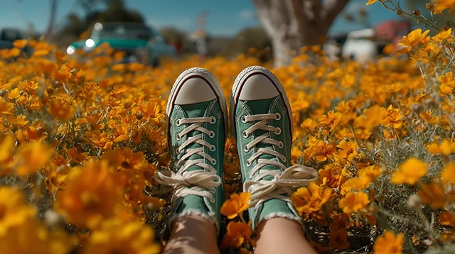 Sneakers in Flower Field Photography