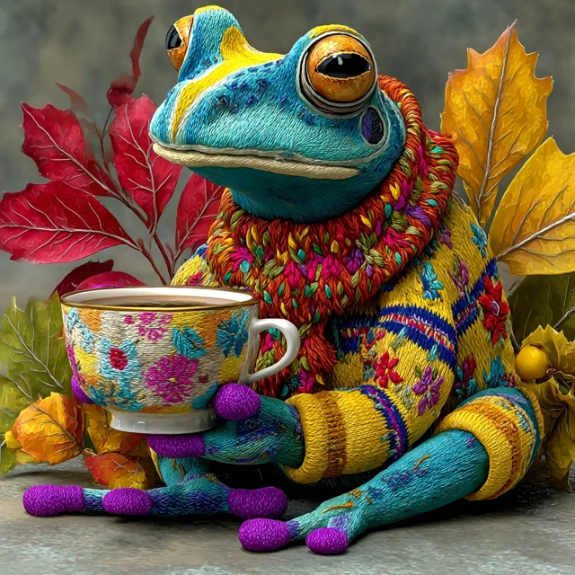 Embroidered Frog in Sweater and Scarf Illustration