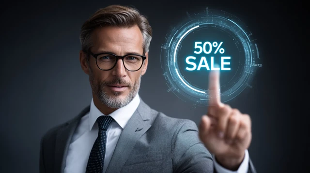 Businessman Pointing at Discount Icon on Screen