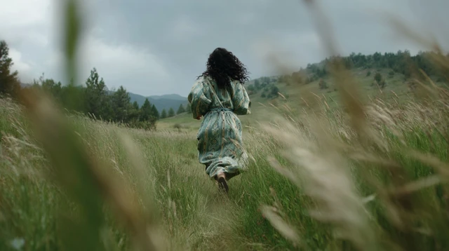 Uzbek Woman Running Through Meadow Cinematic Shot