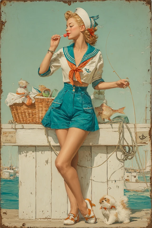 Vintage Sailor Girl Fishing Lollipop Dock Scene Art
