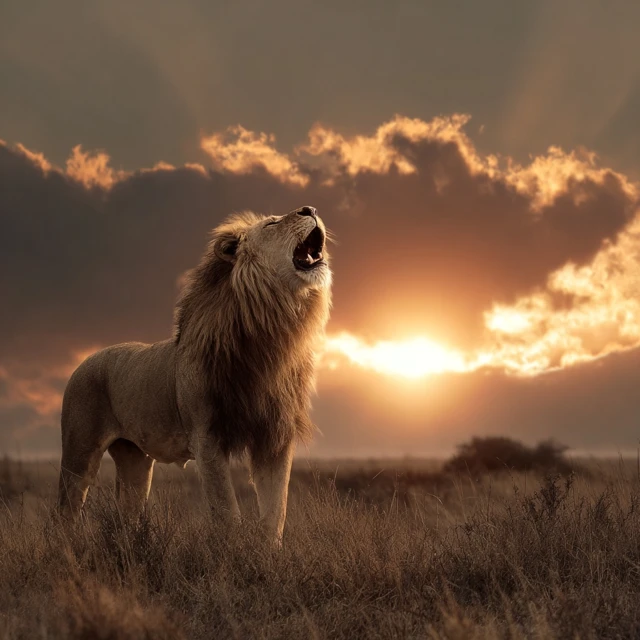 Majestic Lion Roaring at Sunset