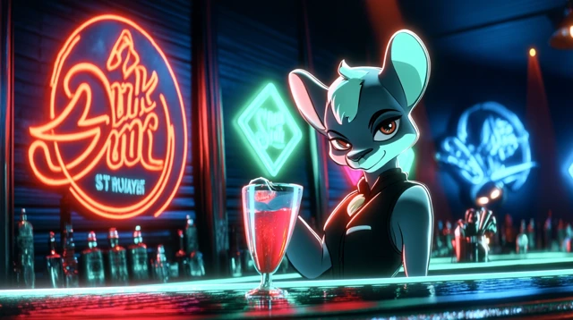 Cyberpunk Bartender Holding Drink Neon Club
