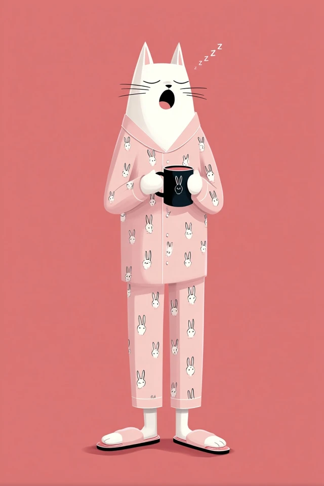 Sleepy Cat in Pajamas with Coffee Illustration
