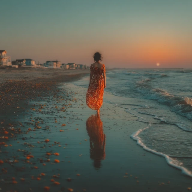 Woman Walking on Beach Misty Day