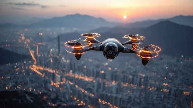Futuristic Drone Over Cityscape at Dusk