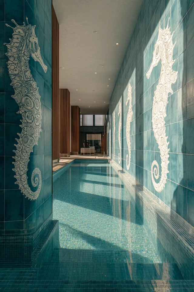 Luxury Pool Design Seahorse Tile Backsplash