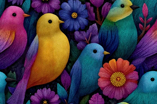 Cute Surreal Bird and Flower Seamless Pattern
