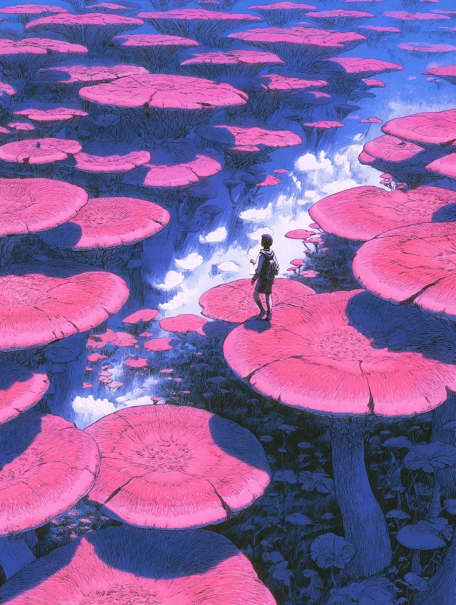 Anime Art Miniature Man on Mushroom Field Fantasy