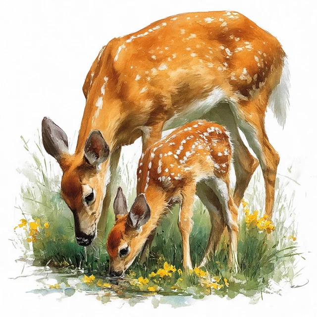 Watercolor Deer Illustration Mother and Fawn Grazing