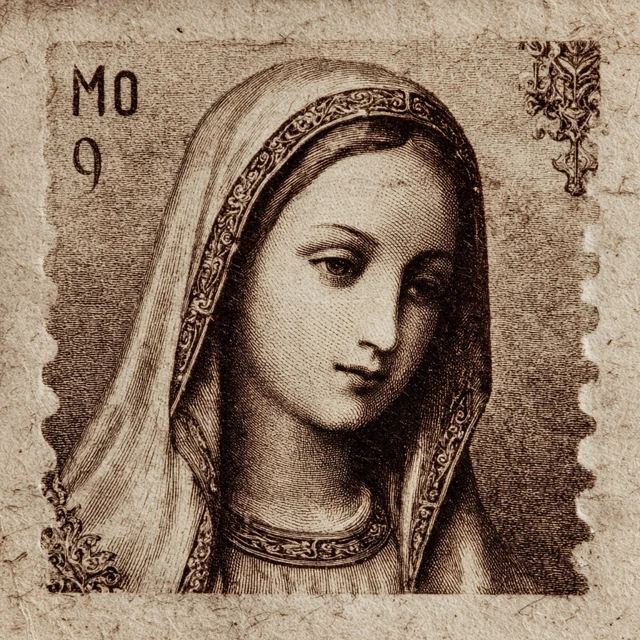 Vintage Stamp of Blessed Mary in Sepia Tone