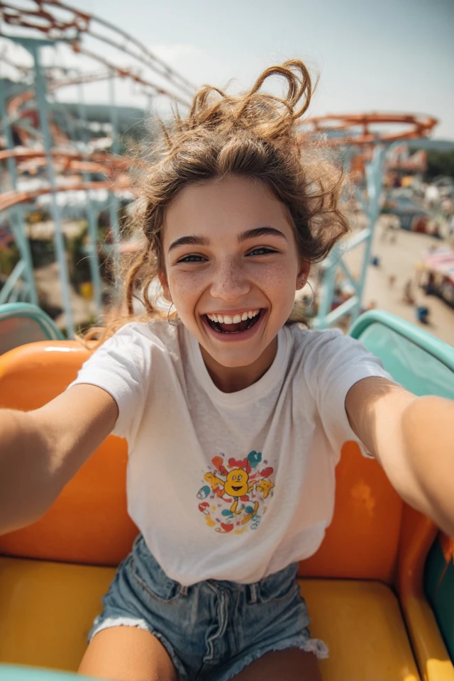 Girl on Roller Coaster Summer Amusement Park Fun