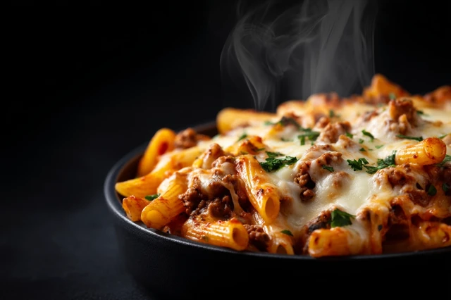 Delicious Pasta Bake CloseUp Black Background
