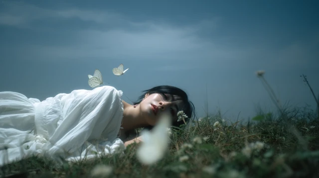 Woman in White Dress Relaxing in a Meadow with Butterflies