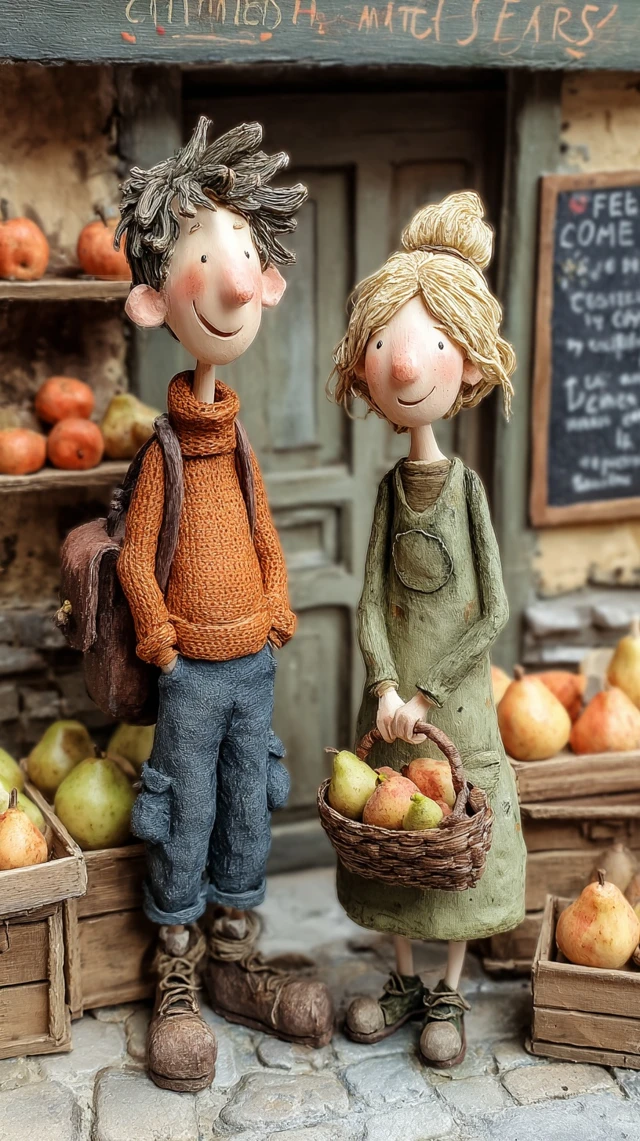 Handcrafted Couple at Village Market Charming Artwork