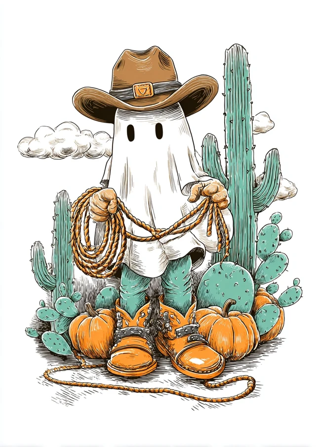 Cute Cowboy Ghost with Lasso Cacti and Pumpkins