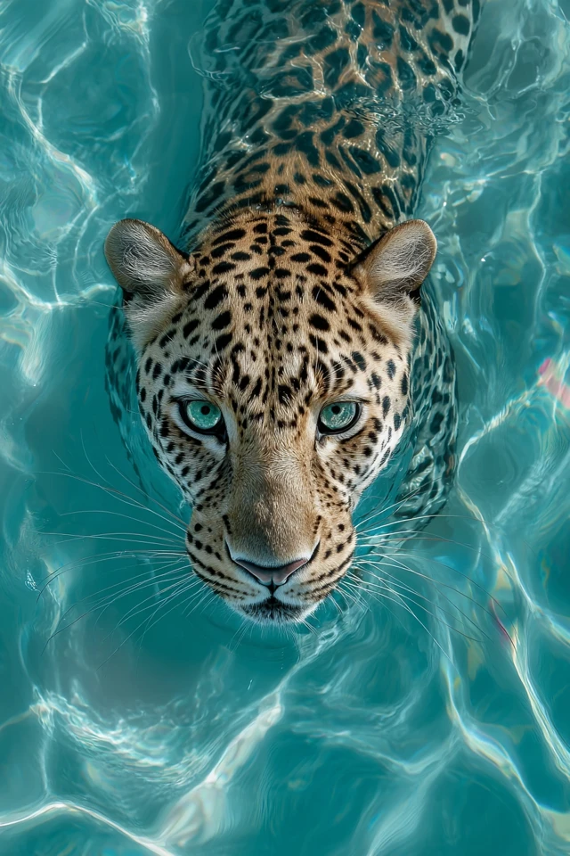 Amur Leopard Swimming in Turquoise Pool