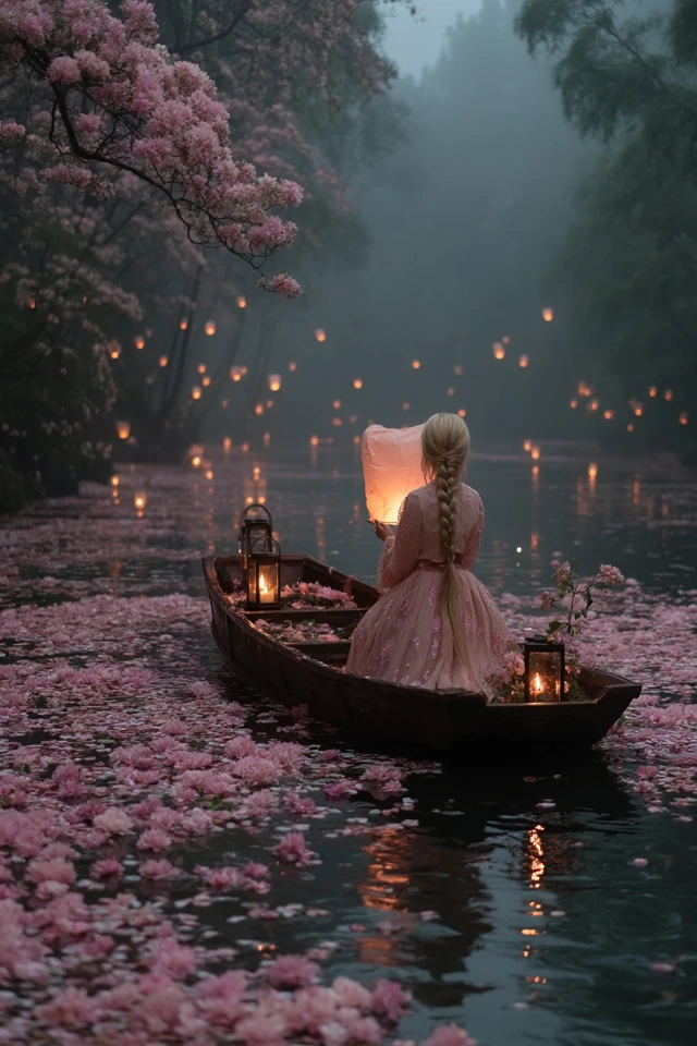 Lantern Launch on a Misty River: Fairy Tale Scene