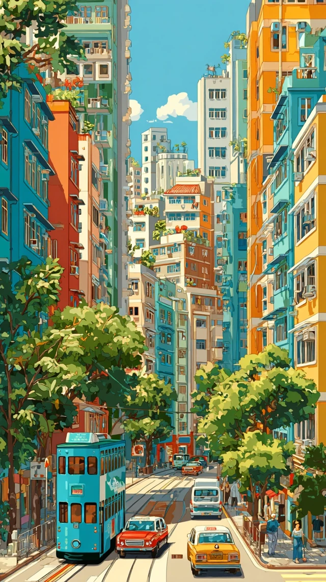 Hong Kong Cityscape: Vibrant Cartoon Illustration