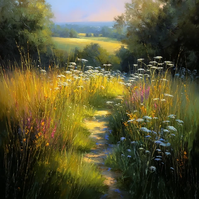Idyllic Countryside Path Golden Light Landscape Art