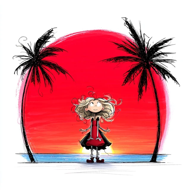 Sunset Beach Scene with Palm Trees and a Girl