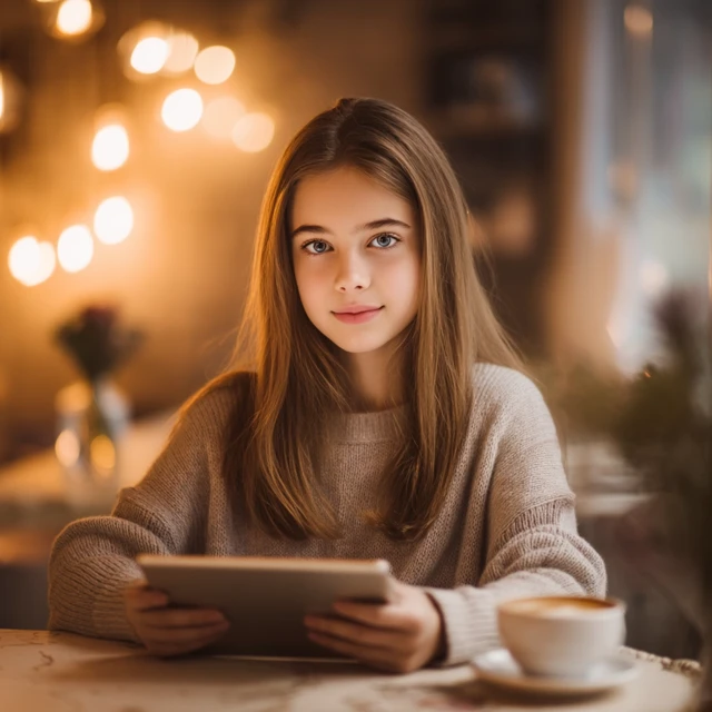 Young Woman in Cafe with Tablet Calm and Creative