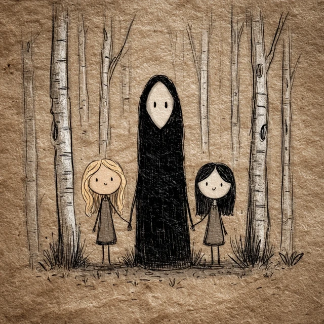 Creepy Fairy Tale Illustration Old Woman and Girls