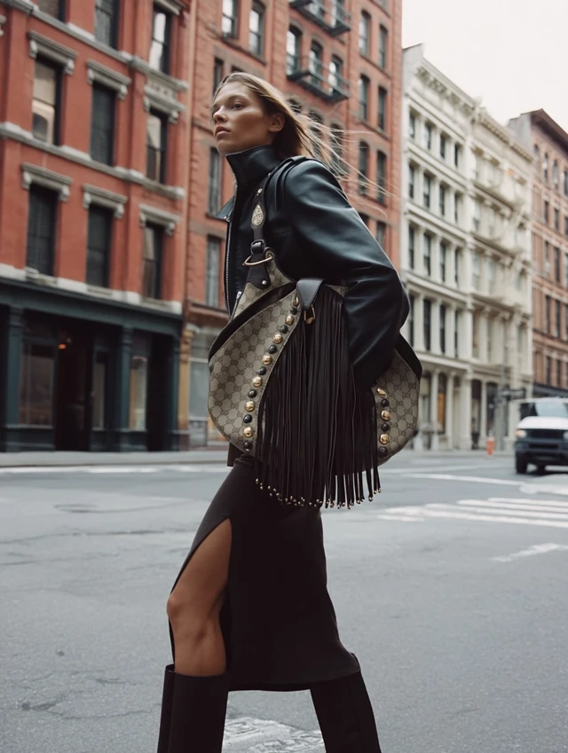 Fashion Photograph Soho NYC Model Leather Jacket Handbag