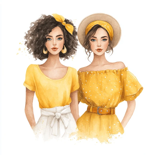 Watercolor Friends Girls in Yellow Outfit Clipart