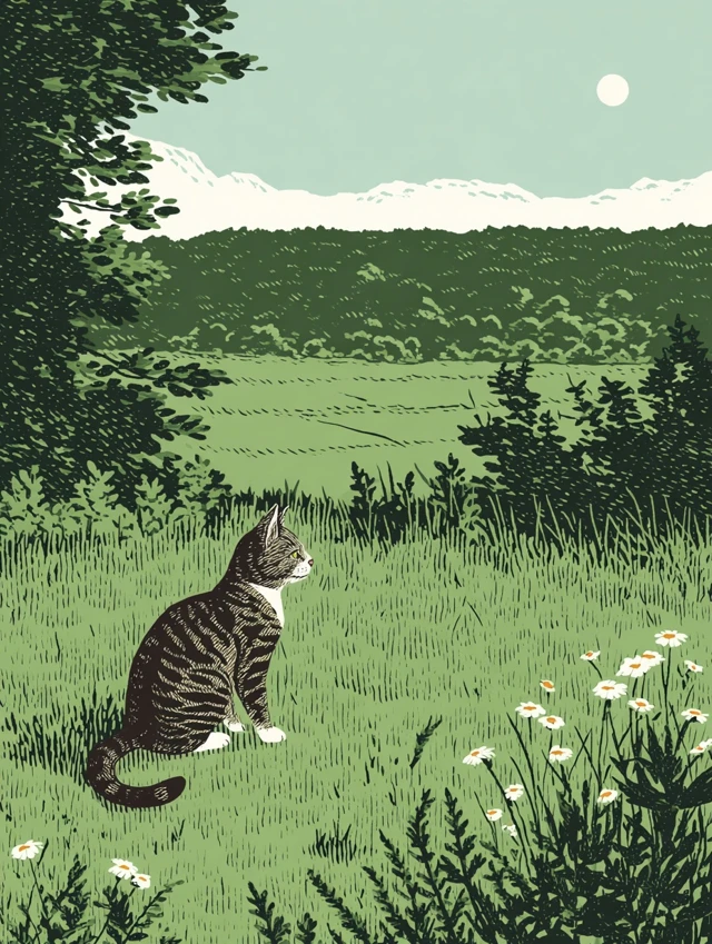 Tabby Cat in Italian Countryside Illustration