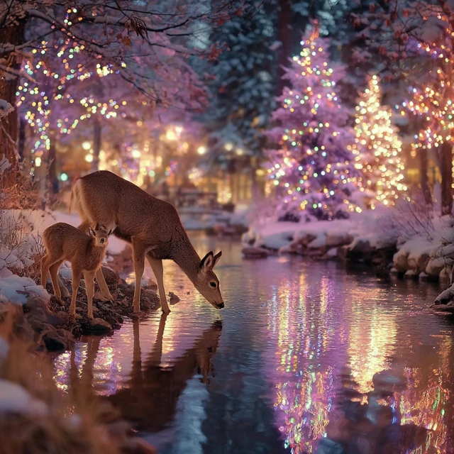 Winter Wonderland Deer Scene with Christmas Trees