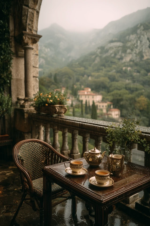 Rainy Day Balcony Tea Set Italy Serene View
